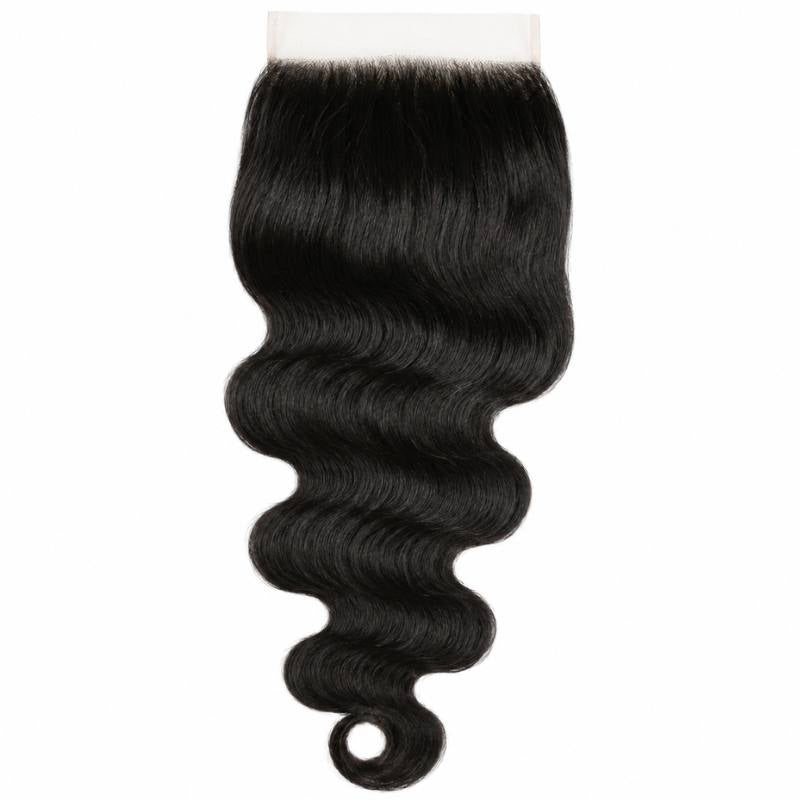 Natural black body wave hair extensions on a large square HD lace closure hanging against white with an even wave to the ends