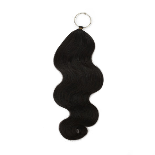16" Body Wave Feather Crochet - full length on display ring
