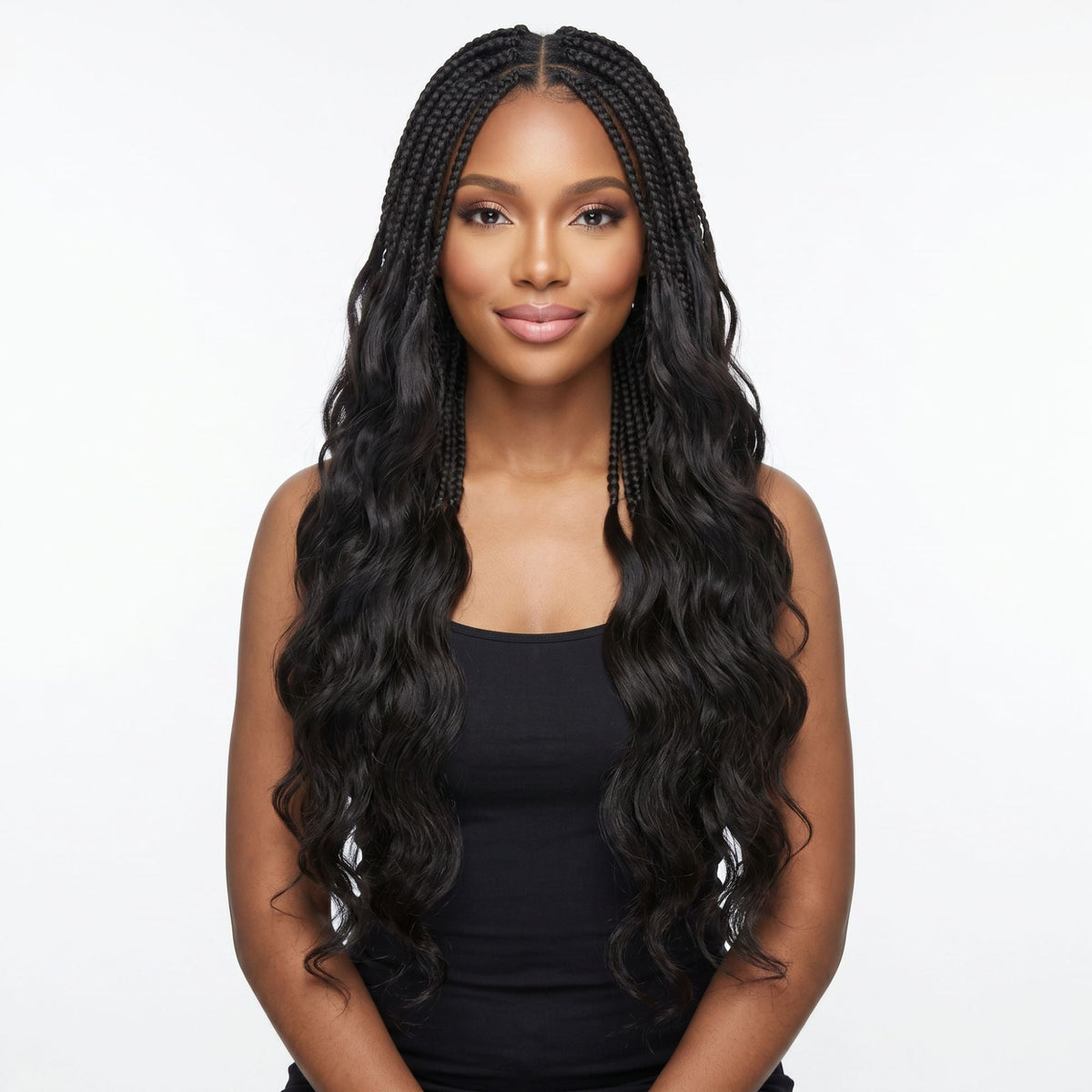 Model wearing natural black box braids finished with body wave ends, front view of the feather crochet hair extensions on a white background