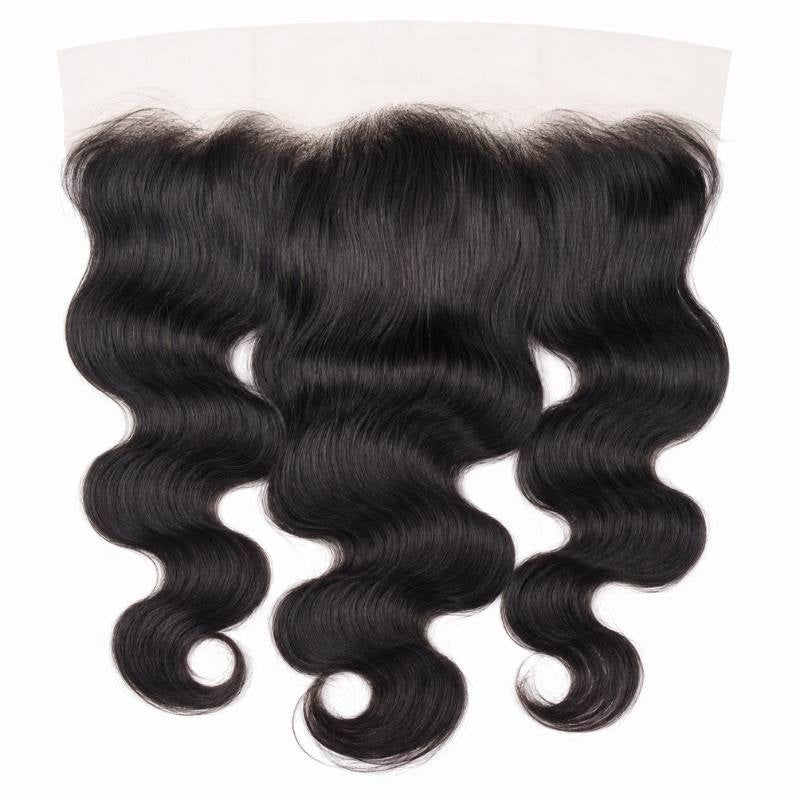 Natural black 13x4 HD lace frontal laid flat on white showing the lace band across the top and body wave hair extensions falling below