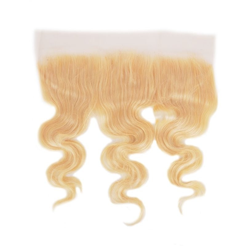 Blonde 613 body wave transparent frontal on white cropped close to show the three parted sections of the hair extensions
