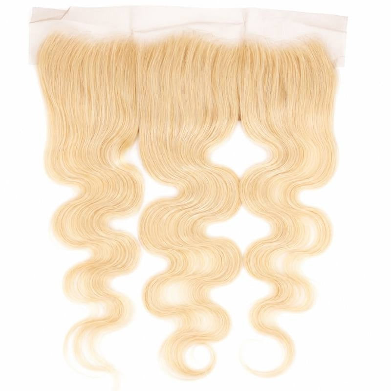 Blonde 613 body wave transparent frontal laid flat on white showing the lace band and the full waved length of the hair extensions