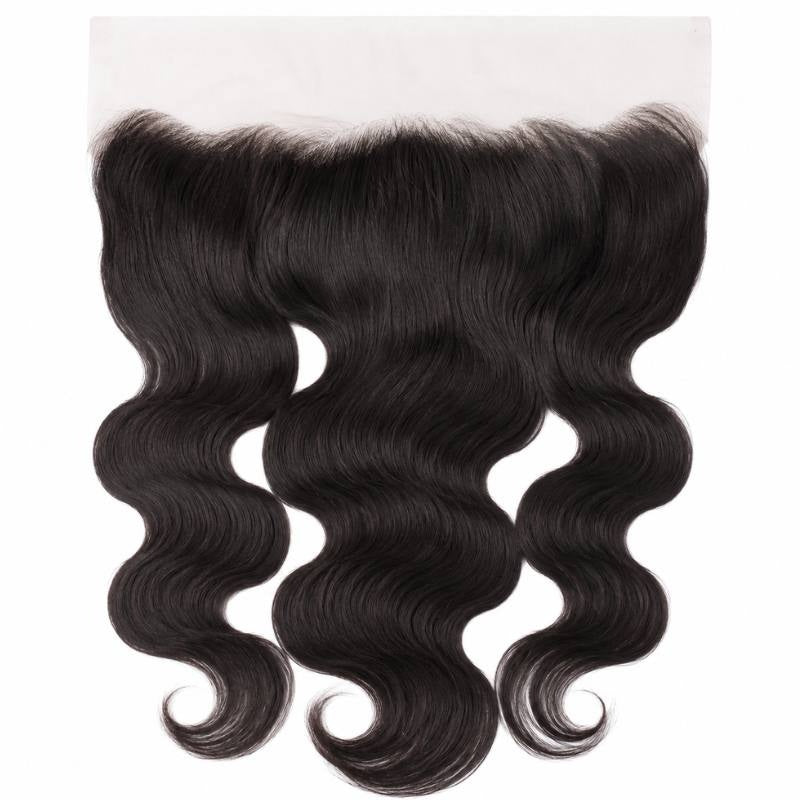 Natural black body wave transparent frontal laid flat on white showing the lace band and the three parted sections of the hair extensions