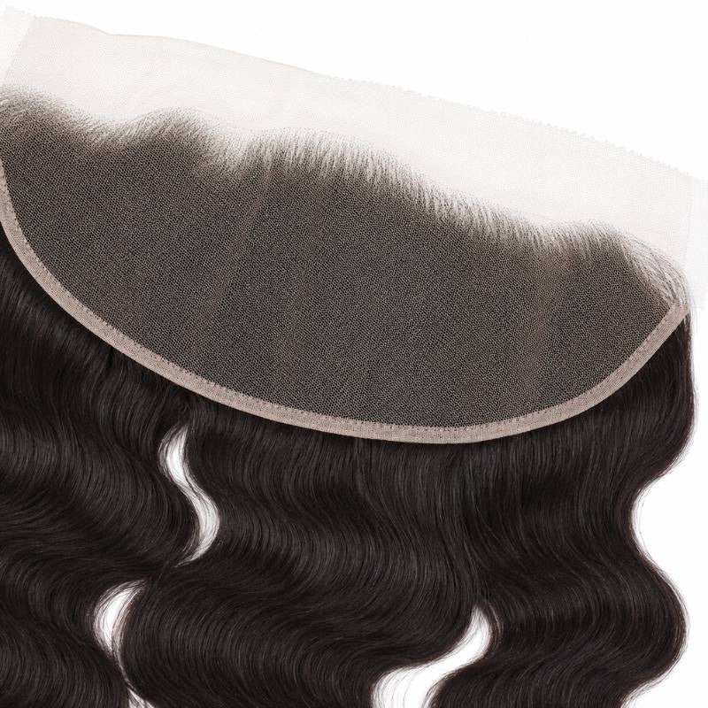 Close-up of the knotted hairline and lace panel on the natural black body wave transparent frontal above the waved hair extensions