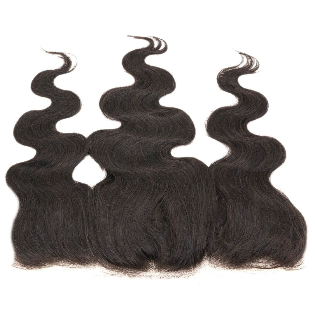 Three waved sections of natural black hair extensions from the body wave transparent frontal shown tips upward on a white background