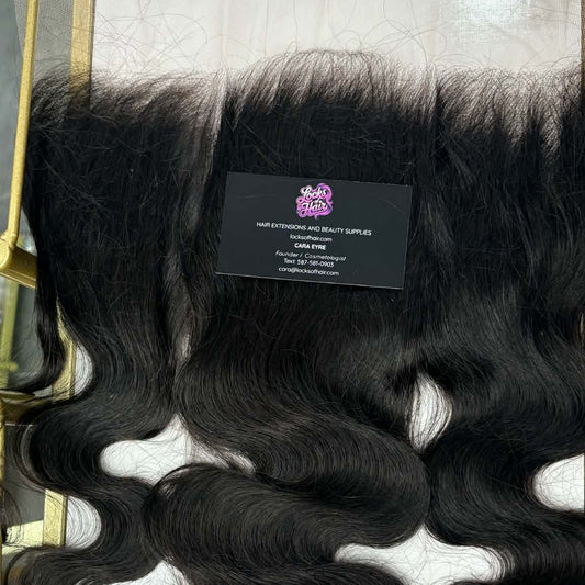 14 inch Brazilian body wave 13x6 HD lace frontal hair extension in gold frame showing full piece from lace base to wave tips
