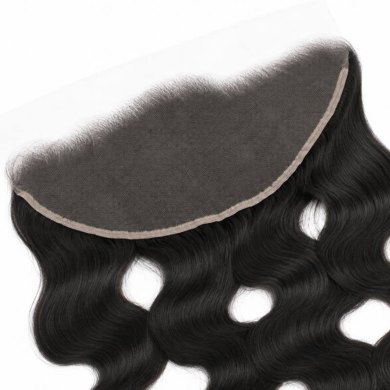 Close-up of the lace panel and its bound edge on the natural black body wave HD lace frontal with waved hair extensions falling below