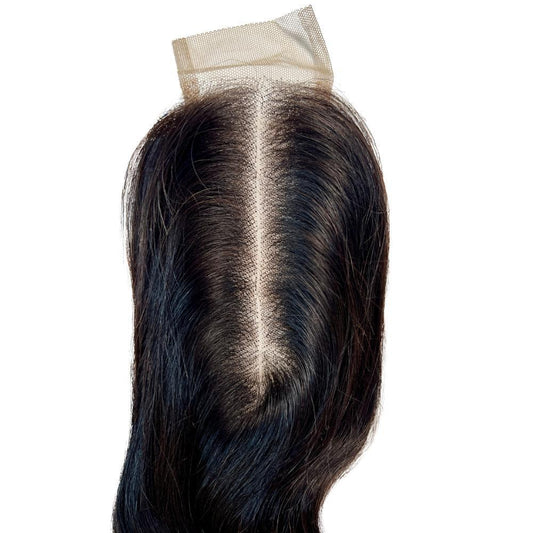 Hair Extensions - Brazilian Body Wave 2x6 Transparent Closure - Natural Black (1B) - middle part top view
