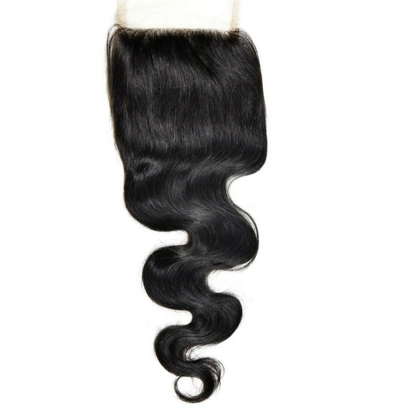 Natural black 4x4 transparent closure shot square on white, the lace cropped at the top and the body wave of the hair extensions running to the tip