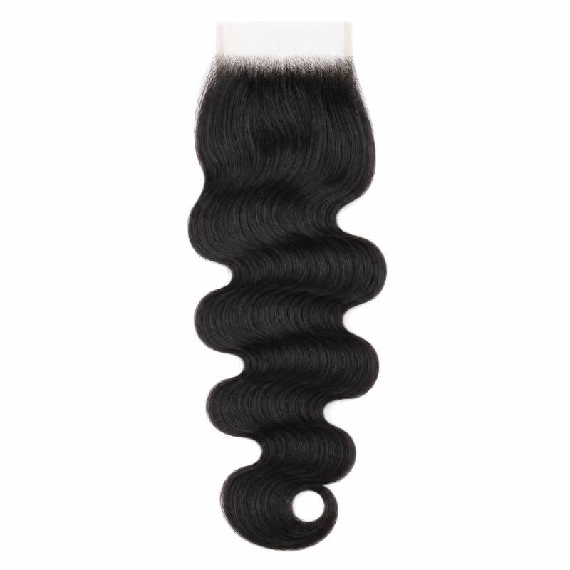 Natural black 4x4 transparent closure laid flat on white with the lace panel at the top and body wave hair extensions falling to a curled tip