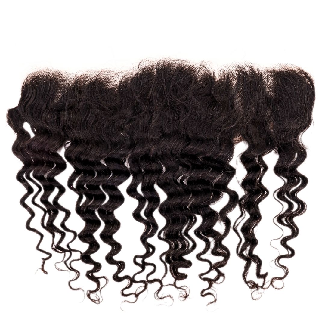 Hair Extensions - Brazilian Deep Wave 13x4 Transparent Frontal - Natural Black (1B) - frontal piece laid flat