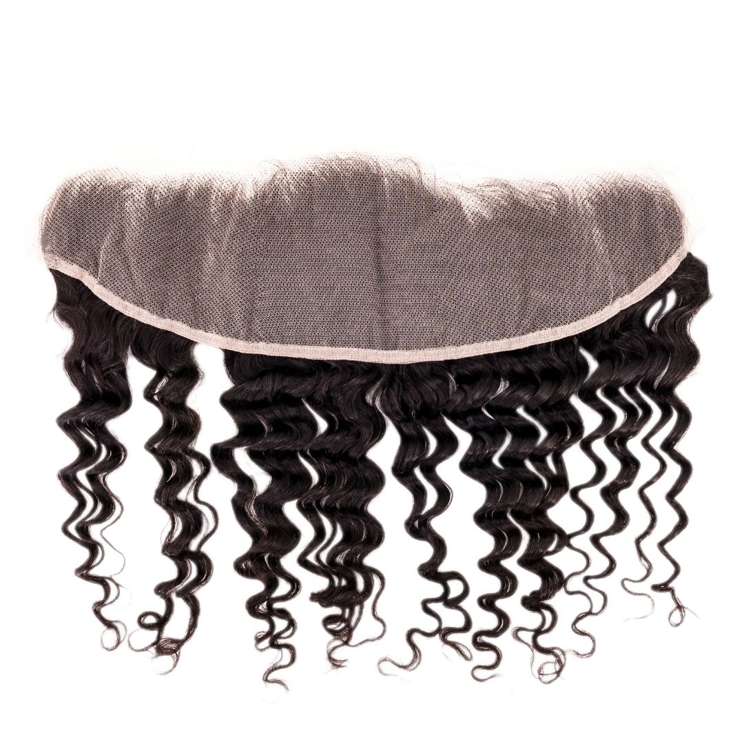 Hair Extensions - Brazilian Deep Wave 13x4 Transparent Frontal - Natural Black (1B) - frontal piece showing lace and curls