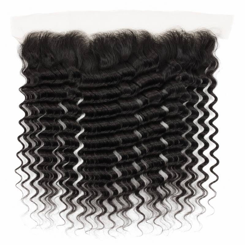 Natural black deep wave 13x4 transparent frontal laid flat on white showing the lace band and the tight wave of the hair extensions
