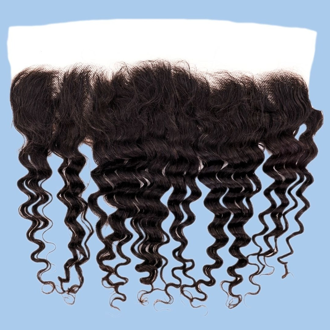 Natural black deep wave transparent frontal on a blue background with the lace band at the top and the curl pattern of the hair extensions below