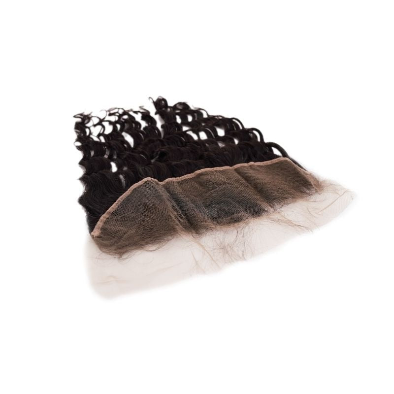 Natural black deep wave transparent frontal tilted on white so the lace panel and knotted roots face the camera above the curled hair extensions
