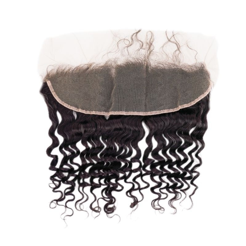 Natural black deep wave transparent frontal lace side up on white showing the full lace base above the curled deep wave hair extensions
