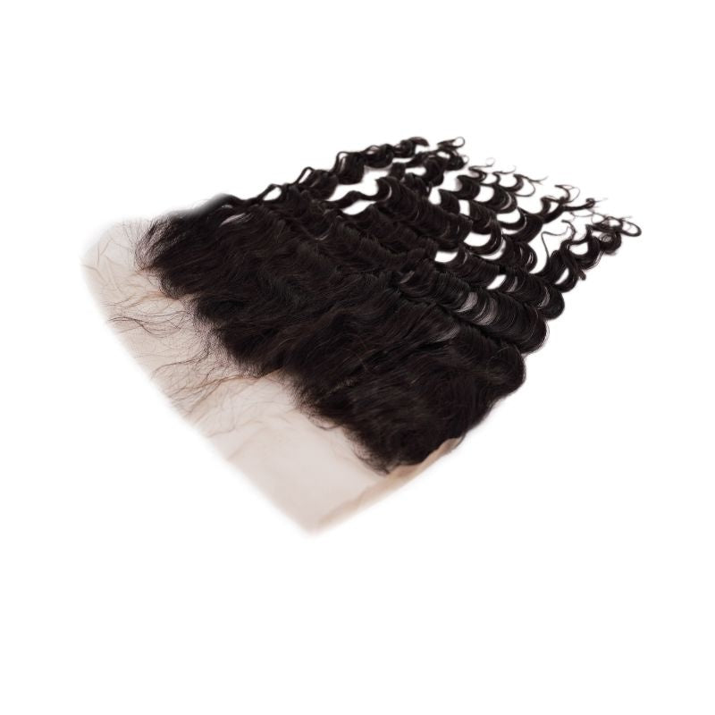 Natural black deep wave transparent frontal at a three quarter angle on white showing the lace panel and the curl of the hair extensions