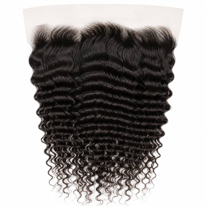 Natural black deep wave 13x6 HD lace frontal laid flat on white showing the lace band and the full curl of the hair extensions