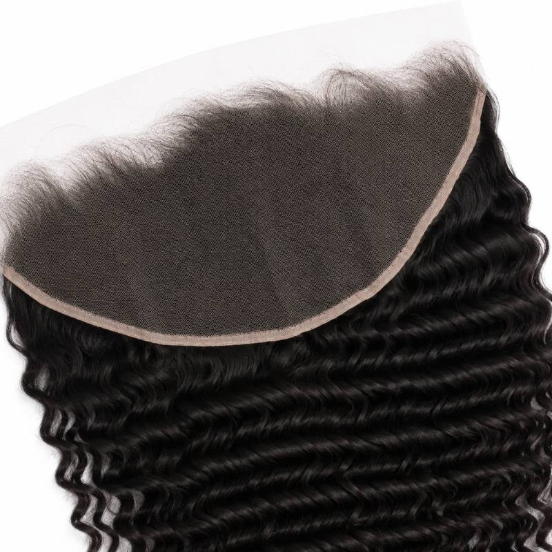 Close-up of the lace panel and knotted hairline on a natural black deep wave HD lace frontal with the curled hair extensions alongside