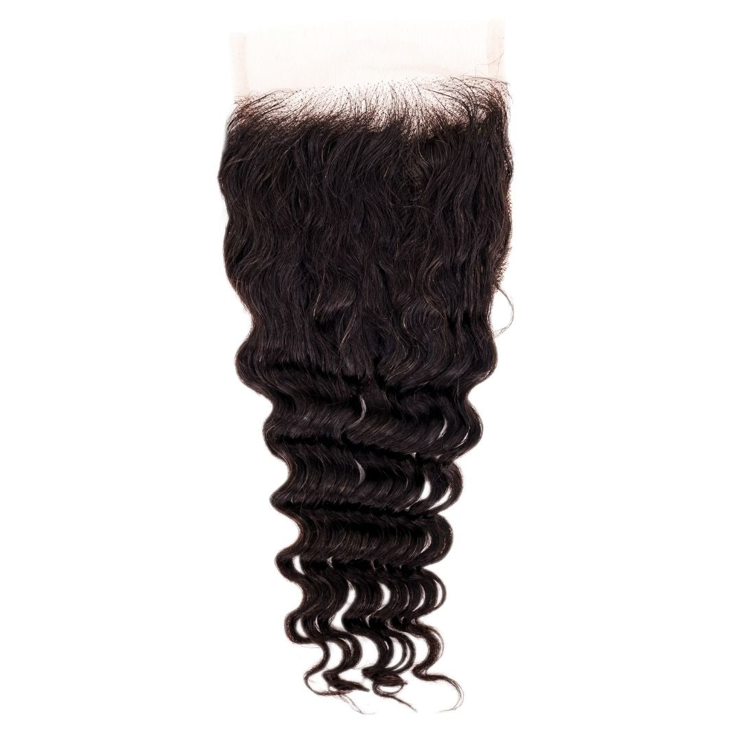 Hair Extensions - Brazilian Deep Wave 4x4 Transparent Closure - Natural Black (1B) - closure piece top view