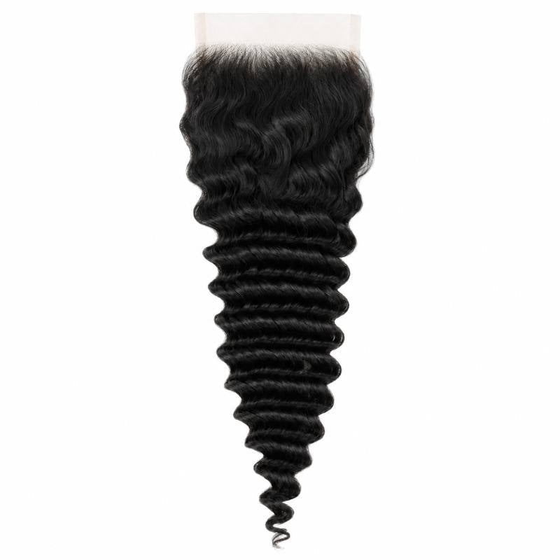 Natural black 5x5 HD closure laid flat on white with the lace panel at the top and deep wave hair extensions tapering to a curled tip