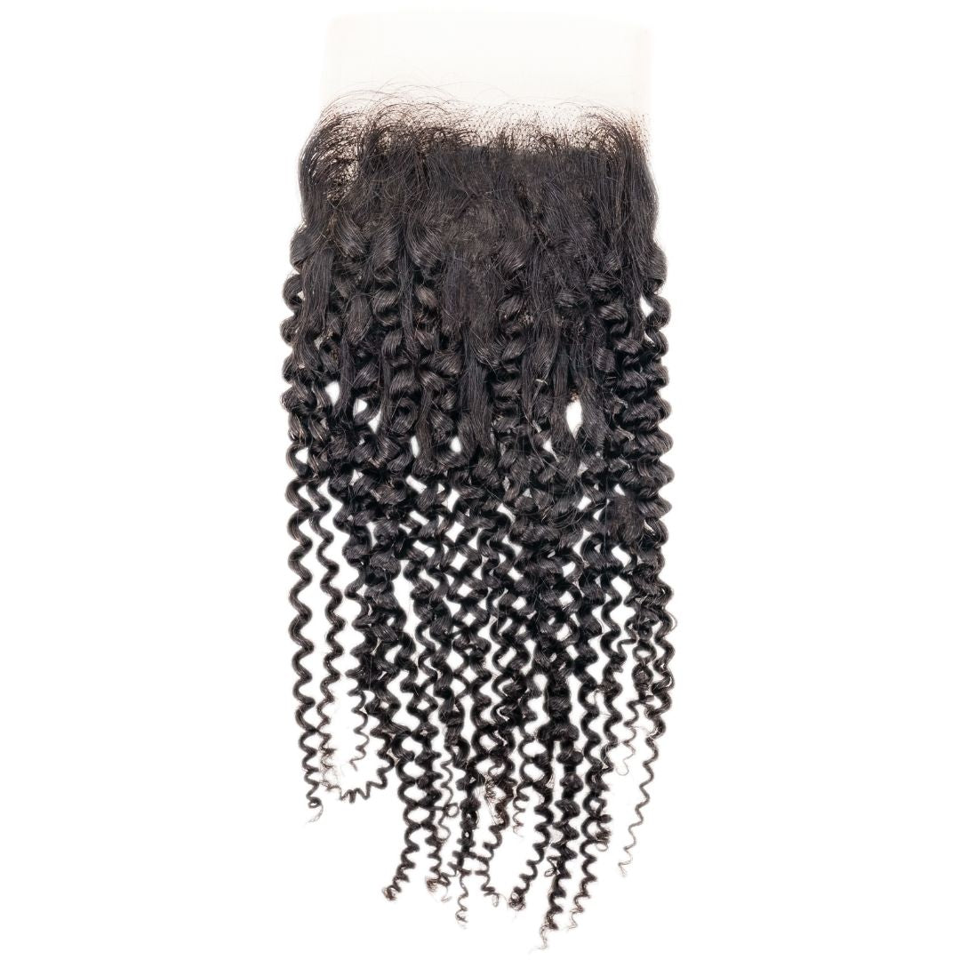 Hair Extensions - Brazilian Kinky Curly 4x4 Transparent Closure - Natural Black (1B) - closure piece top view
