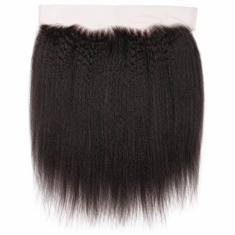 Natural black kinky straight 13x4 transparent frontal laid flat on white showing the lace band and the texture of the hair extensions below