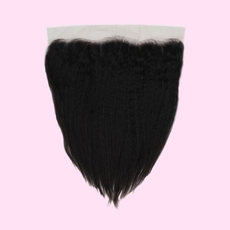 Natural black kinky straight transparent frontal on a pink background with the lace band at the top and the hair extensions tapering to a point