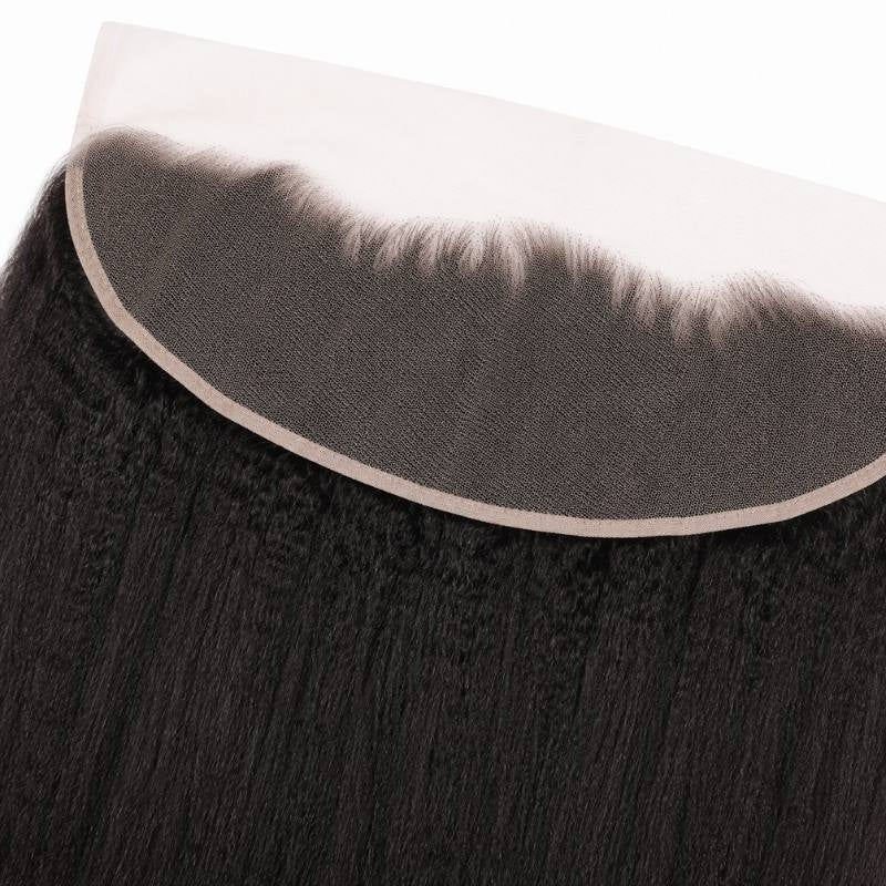 Close-up of the lace panel and knotted hairline on a natural black kinky straight transparent frontal above the straight hair extensions