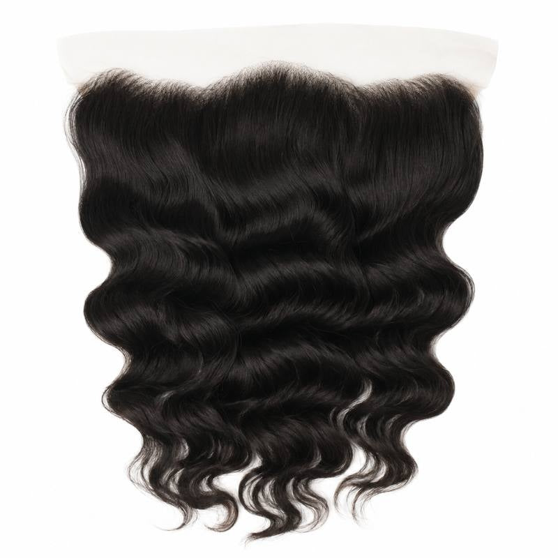 13x4 transparent frontal laid flat on a white background showing the loose wave pattern of the natural black hair extensions