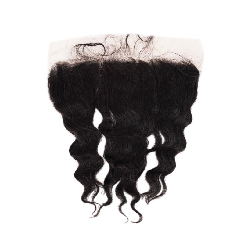 Transparent lace band and baby hairs along the frontal hairline above natural black loose wave hair extensions on a white background