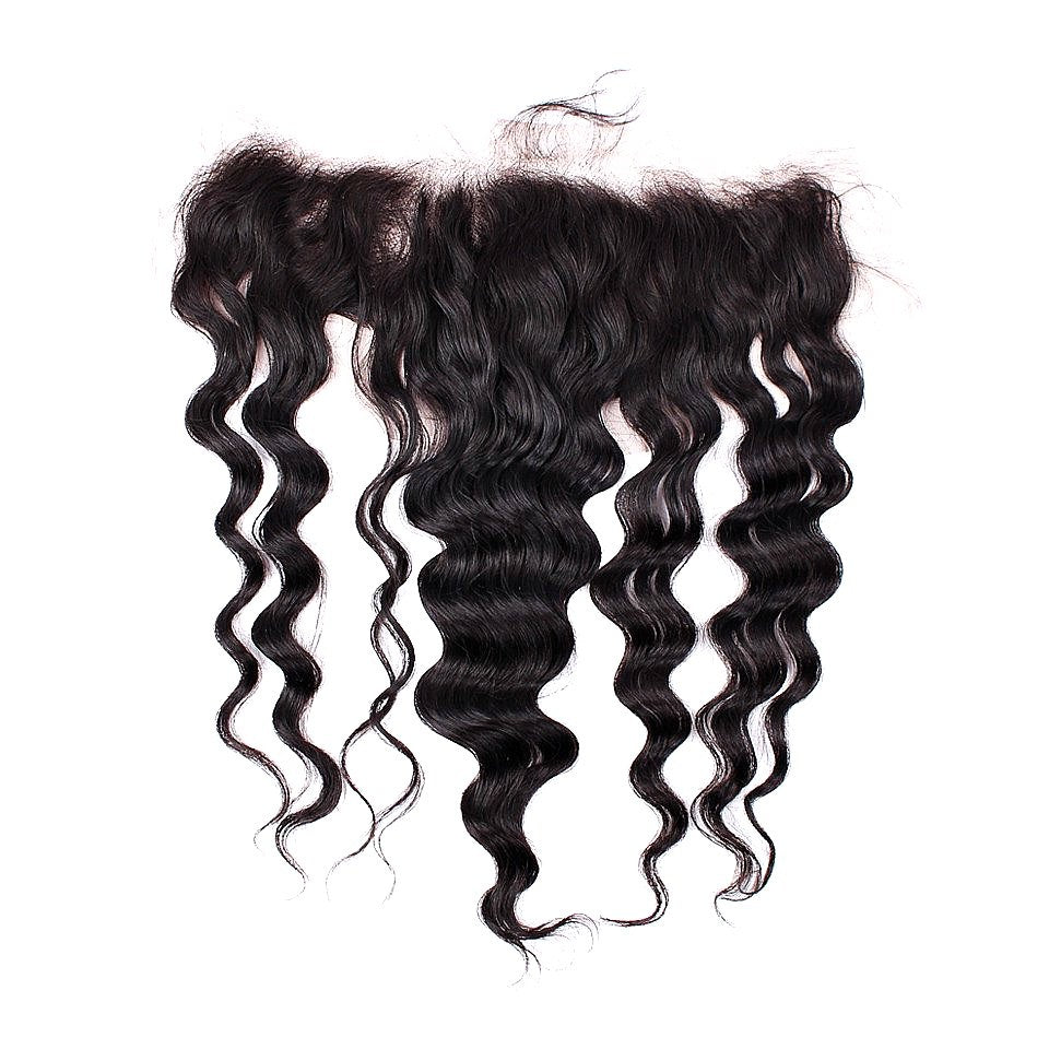 Loose wave strands separated into sections below the frontal showing the wave pattern of the natural black hair extensions