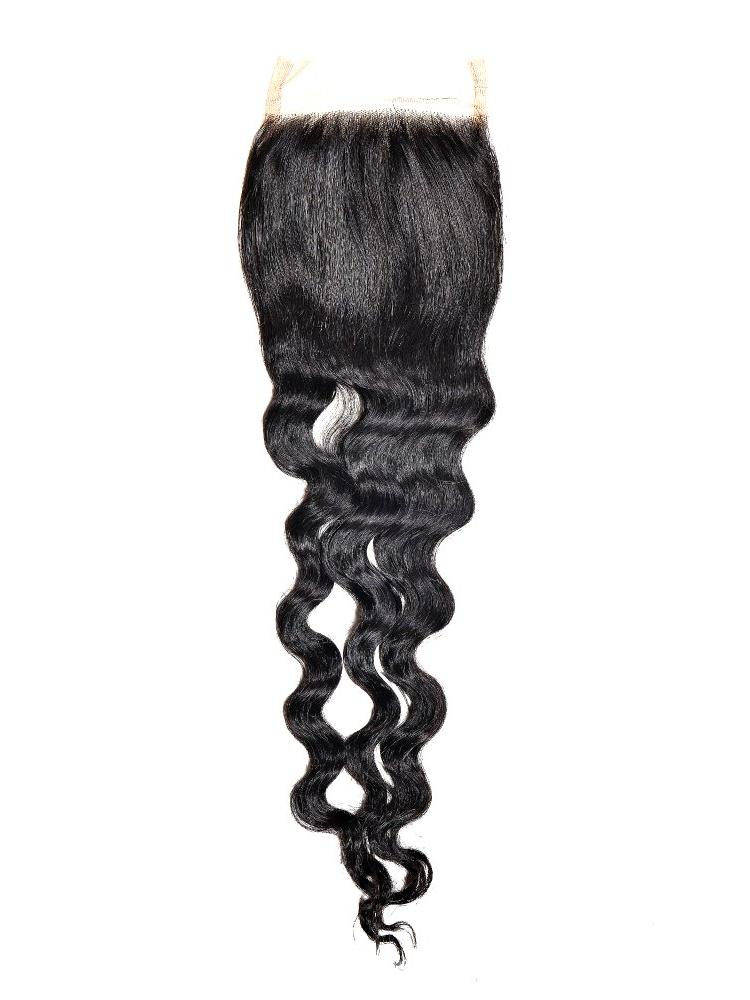 4x4 transparent closure with the natural black loose wave hair extensions separated into two strands to show the curl pattern