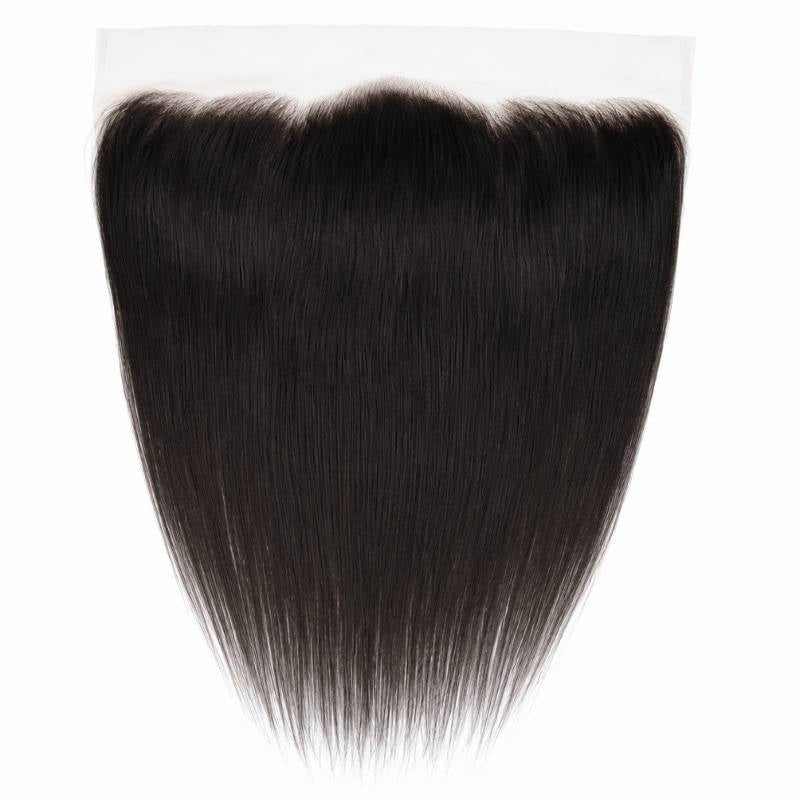13x4 transparent frontal laid flat on a white background showing the smooth straight natural black hair extensions combed down