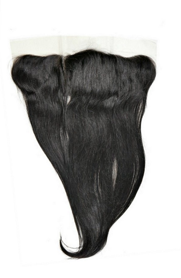 13x4 transparent frontal laid flat showing the part line and the straight fall of the natural black hair extensions
