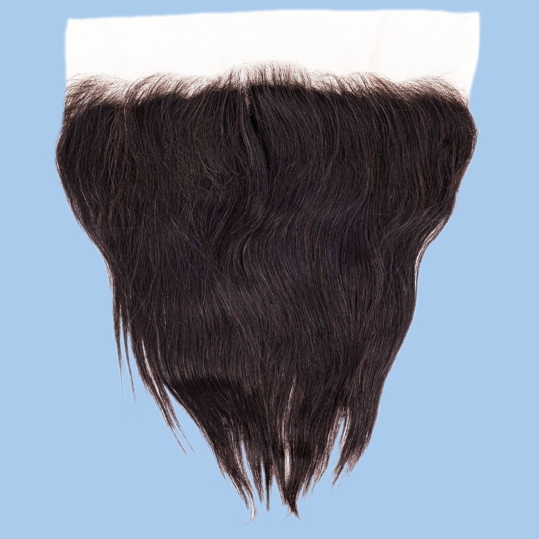 13x4 transparent frontal spread flat on a blue background showing the hairline and straight natural black hair extensions