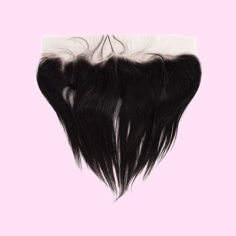 13x4 transparent frontal spread flat on a pink background showing the full hairline and straight natural black hair extensions