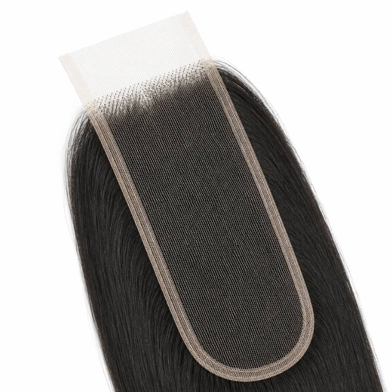 Underside of the narrow 2x6 HD closure showing the lace base and knotted hairline with straight natural black hair extensions