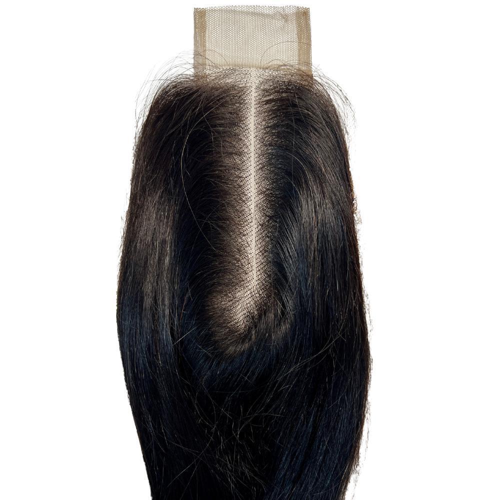 Hair Extensions - Brazilian Silky Straight 2x6 Transparent Closure - Natural Black (1B) - middle part close-up