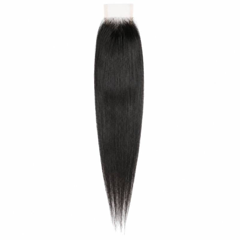 2x6 transparent closure laid flat on a white background with straight natural black hair extensions falling to a tapered end
