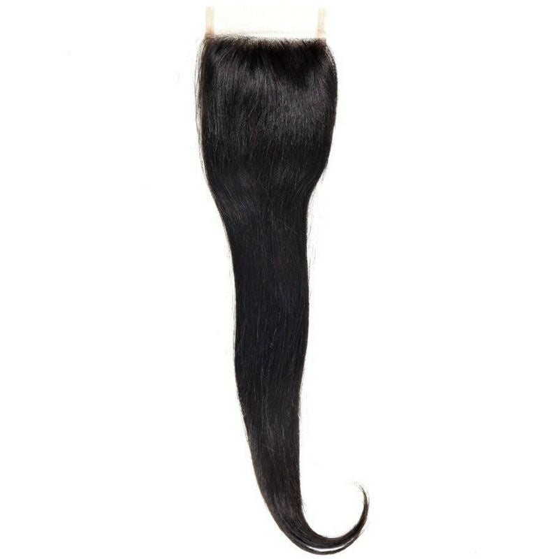 4x4 transparent closure with straight natural black hair extensions sweeping down and curving at the ends