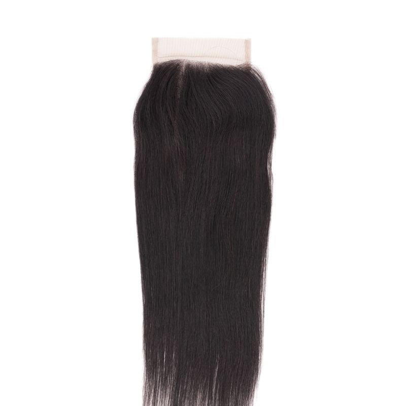 4x4 transparent closure on a white backdrop with the lace band at the top and straight natural black hair extensions below