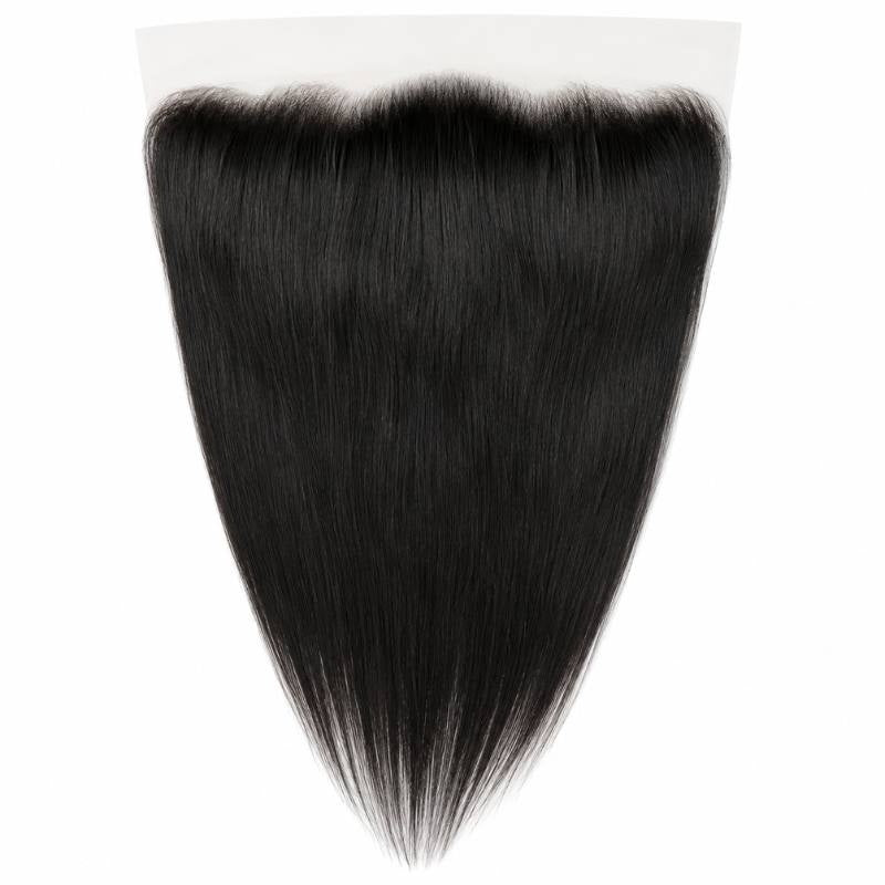 13x6 HD lace frontal laid flat on a white background with straight natural black hair extensions combed smooth from the hairline