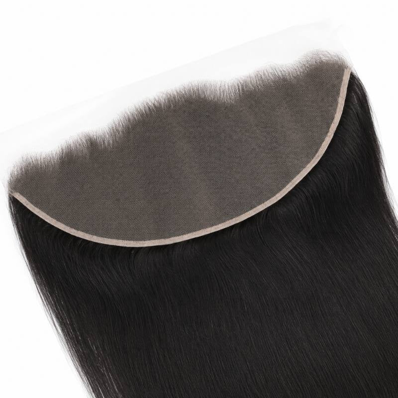 Underside of the 13x6 HD lace frontal showing the lace panel and bound edge with straight natural black hair extensions attached