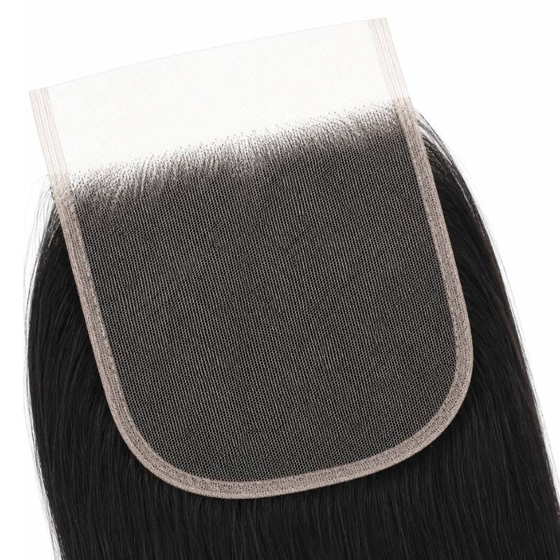 Underside of the 5x5 HD closure showing the lace base and knotted hairline with straight natural black hair extensions below