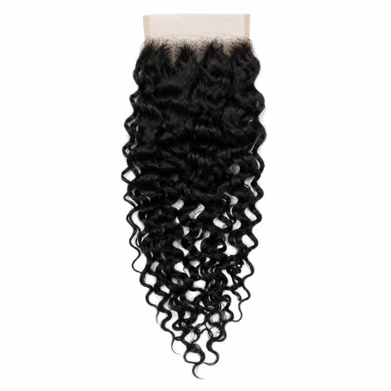 4x4 Swiss lace closure laid flat on a white background showing the tight curl pattern of natural black curly hair extensions