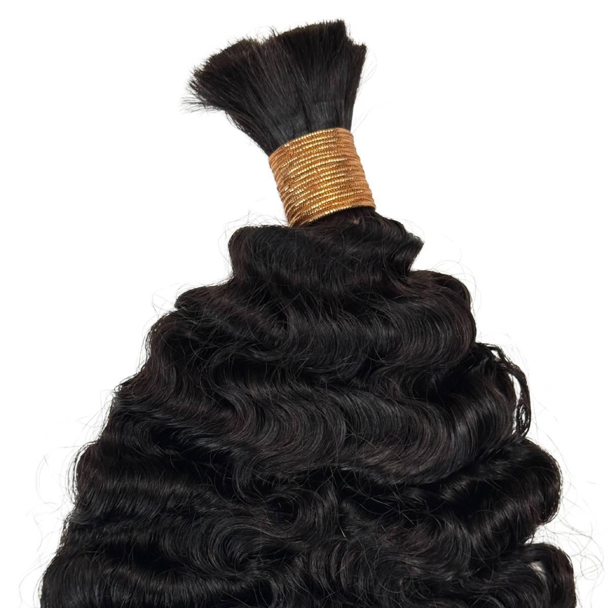 Hair Extensions - Burmese Curly Bulk Human Braiding Hair - Natural Black (1B) - bulk bundle tied showing curl pattern