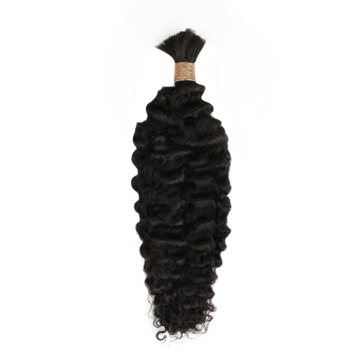 Bundle of natural black curly bulk braiding hair extensions tied with thread at the top and laid flat on a white background
