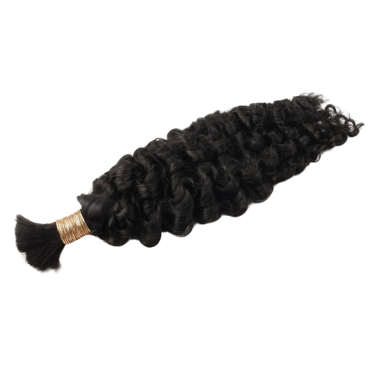 Single bundle of natural black curly bulk braiding hair extensions laid diagonally on white with the gold thread tie visible