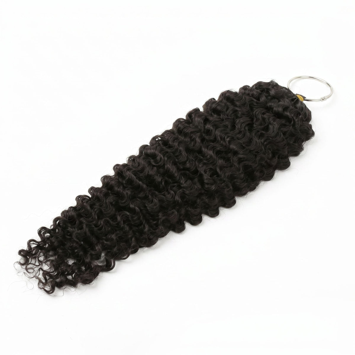 Natural black curly crochet hair extensions bundled and angled across a white background with the metal ring at the top